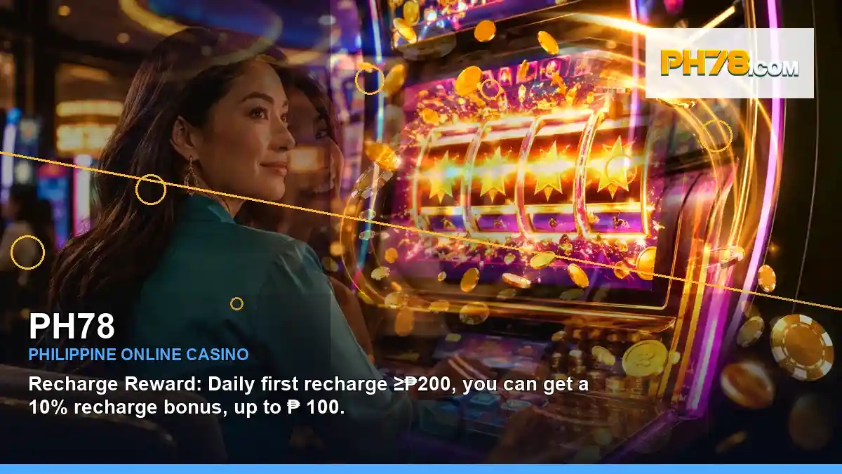 PH78 gold jackpot slot games featuring an adult Filipina casino host with a left-diagonal composition